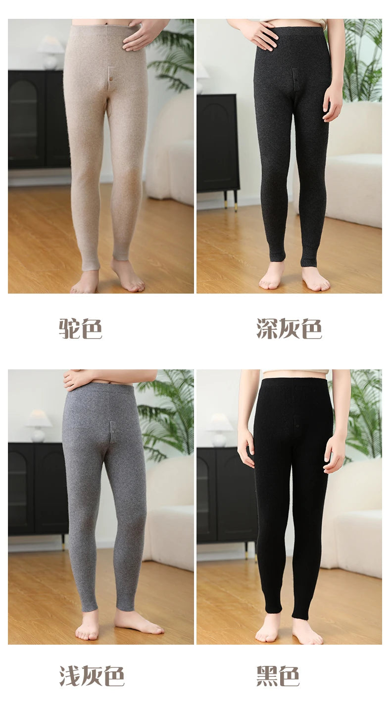 100% Cashmere Knit Leggings Men Winter Wearing Thermal Underwear High Waist Trousers Solid Thicken Elasticity Ankle-Length Pants