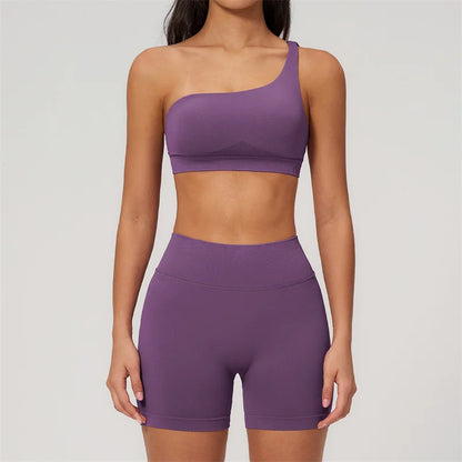 TRY TO BN Seamless Two Pieces Women's Tracksuit Yoga Shorts Set One-shoulder Hollow Backless Fitness Running Workout Gym Clothes
