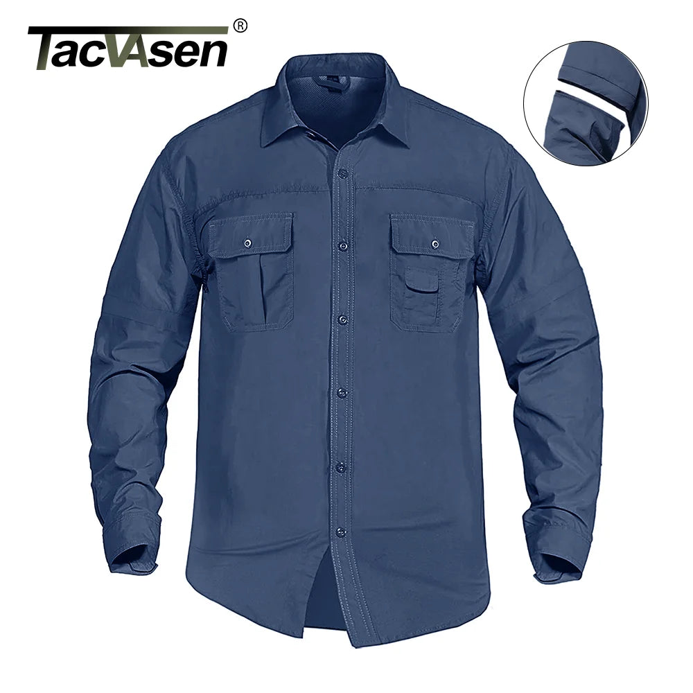 TACVASEN Quick Dry Long Sleeve Cargo Work Shirts with Pockets Mens Nylon Safari Hiking Shirts Button Down Shirts Clothes Males