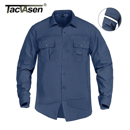 TACVASEN Quick Dry Long Sleeve Cargo Work Shirts with Pockets Mens Nylon Safari Hiking Shirts Button Down Shirts Clothes Males