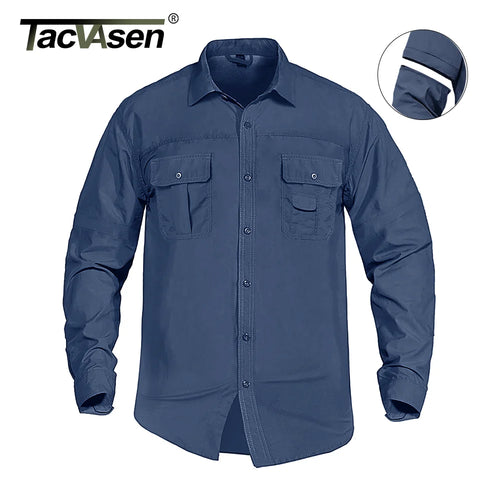 TACVASEN Quick Dry Long Sleeve Cargo Work Shirts with Pockets Mens Nylon Safari Hiking Shirts Button Down Shirts Clothes Males