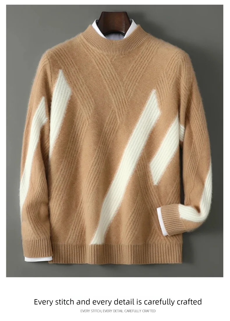 2025 Winter New Product Launch Men's Round Neck Jacquard Cashmere Knit Pullover 100% Pure Wool Men's Sweater Casual Thick Warm
