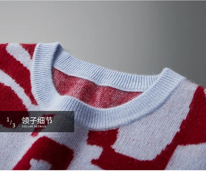 New Men's Sweater 100% Cashmere Autumn Winter Fashion Knitted Jacquard Pullover Color blocked O-Neck Thickened Men's Wear Top