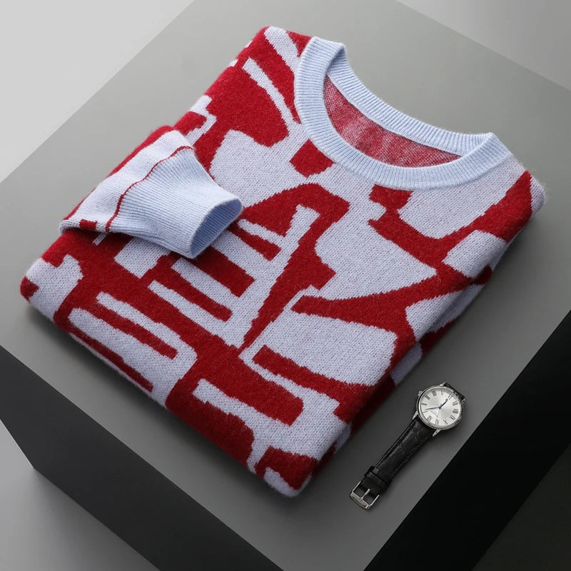 New Men's Sweater 100% Cashmere Autumn Winter Fashion Knitted Jacquard Pullover Color blocked O-Neck Thickened Men's Wear Top