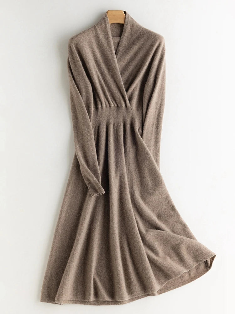 CHICUU Women 100% Cashmere Dresses V-neck Waist Cinching Dresses Autumn Winter Office Lady Grace Luxury Cashmere Knitwear