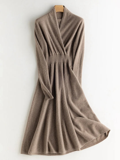 CHICUU Women 100% Cashmere Dresses V-neck Waist Cinching Dresses Autumn Winter Office Lady Grace Luxury Cashmere Knitwear