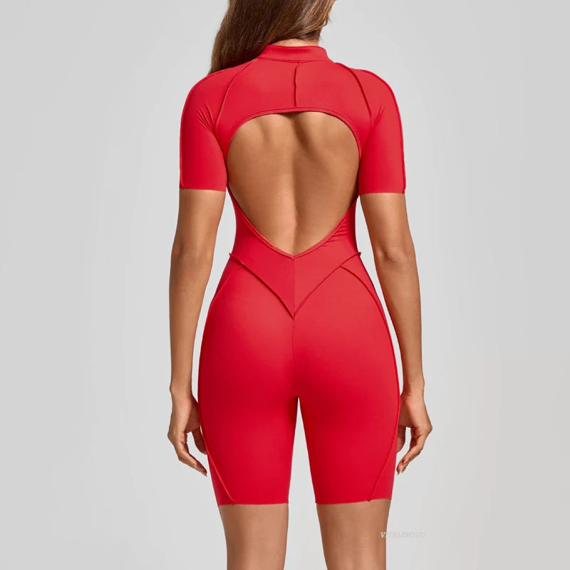 VITALINOVO Women Short Sleeve Workout Jumpsuit Backless Zip Up Romper Bottom Shorts Built-in Bra Bodysuit Bodycon Sexy One Piece