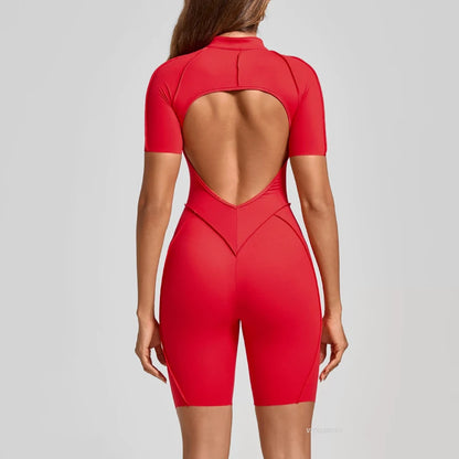 VITALINOVO Women Short Sleeve Workout Jumpsuit Backless Zip Up Romper Bottom Shorts Built-in Bra Bodysuit Bodycon Sexy One Piece
