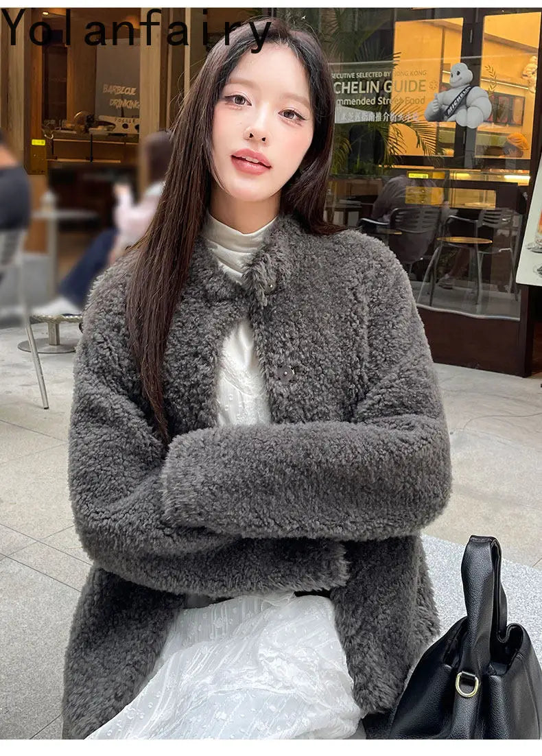 YOLANFAIRY 100% Genuine Leather Jacket Women Warm Natural Fur Coat Woman Winter Short Real Lamb White Fur Coats Jaqueta Feminina