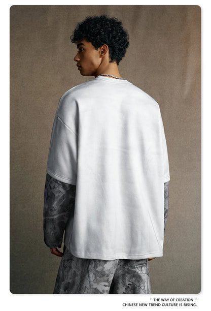 Custom LOGO Men's 2025 Autumn New 340G fleece-lined Fake Two-piece Camouflage Sweater T-Shirt Casual Pants Set