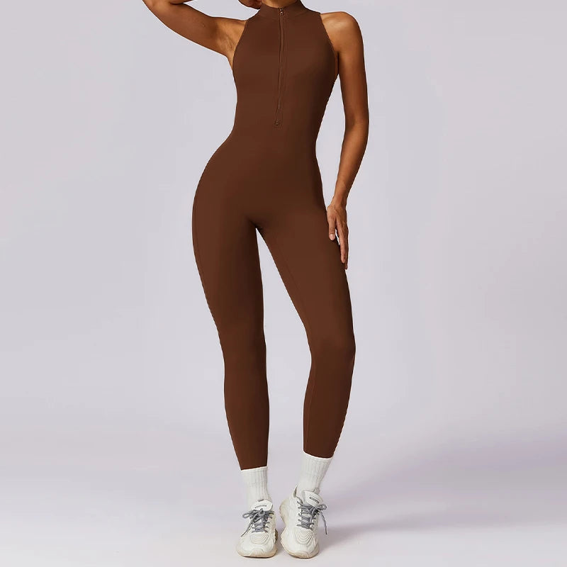 Summer V Back One-piece Suit Women Sports Jumpsuit Zippers Yoga Rompers Backless Sportswear Women Sleeveles Workout Bodysuits