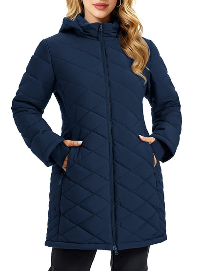 TACVASEN Womens Long Quilted Puffer Hood Jackets Winter Lightweight Warm Insulated Coat Windproof Waterproof Parkas with Pockets