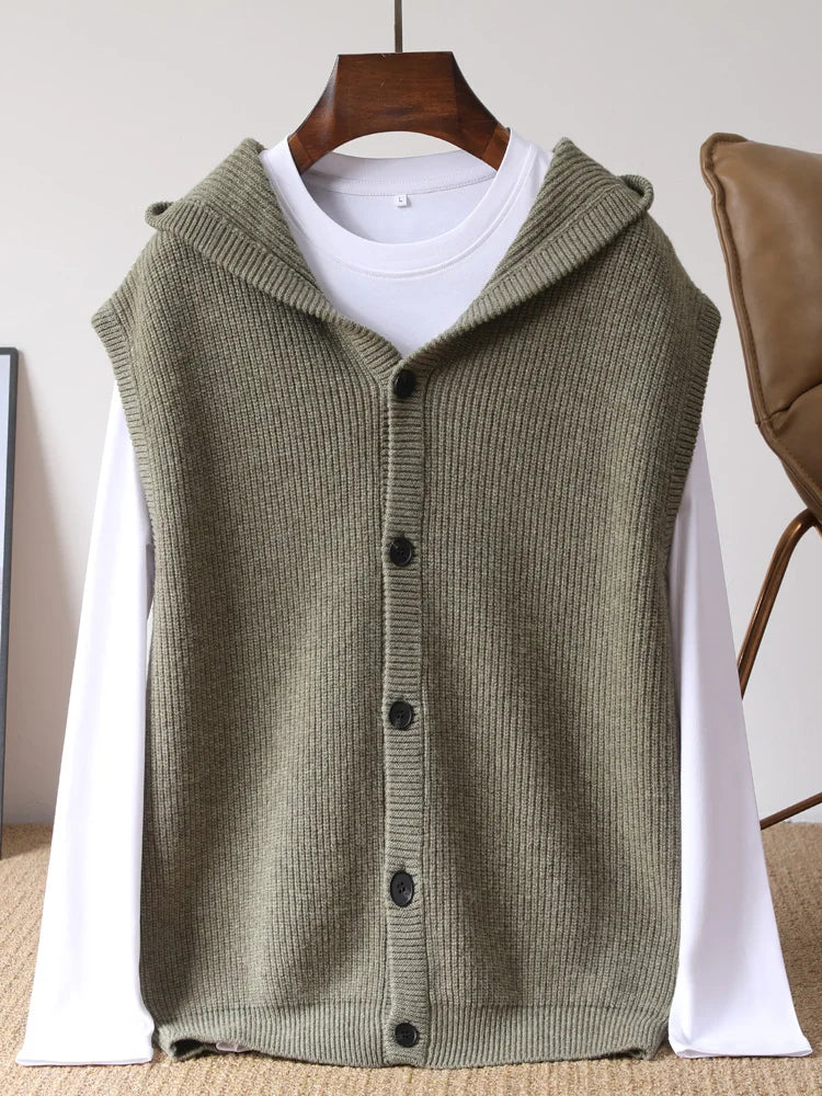 2025 Autumn/Winter Men's Vest 100% Merino Wool Knit Hooded Cardigan Casual Loose Sleeveless Solid Color Men's Cashmere Sweater