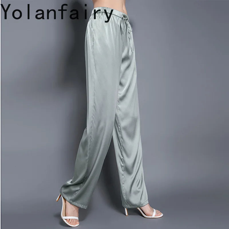 YOLANFAIRY Casual Wide Leg Pants Summer 95% Real Mulberry Silk Women's Pants Korean Loose Trousers Woman Silk Pants Full Length