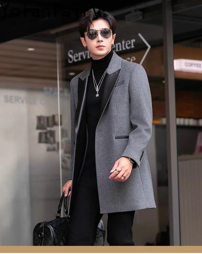YOLANFAIRY 2025 Autumn Genuine Sheepskin Patchwork Wool Coat Man Clothing Men's Mid-length Suit Windbreaker Trendy Woolen Jacket