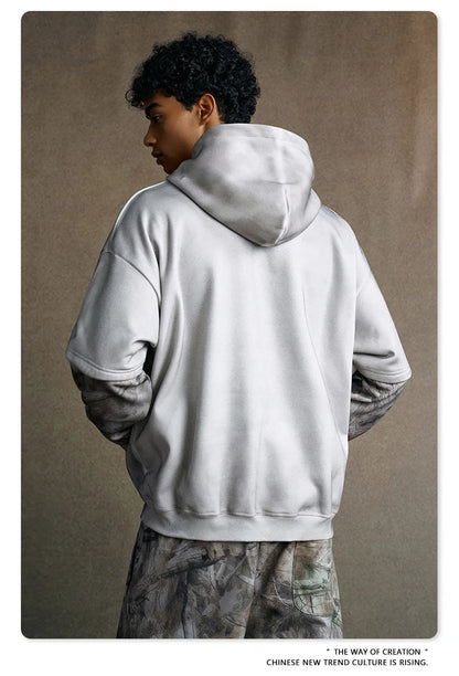 Custom LOGO Men's 2025 Autumn New 340G fleece-lined Fake Two-piece Camouflage Sweater T-Shirt Casual Pants Set