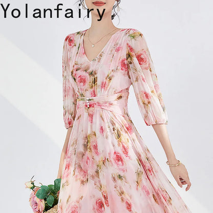 YOLANFAIRY 100% Real Silk Floral Dresses Woman Summer Clothes Elegant Mulberry Silk Pink Dress Romantic Women's Birthday Dress