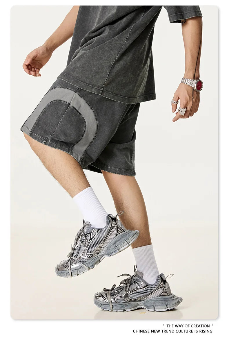 Customized LOGO men's summer European and American hip-hop style splicing contrasting shorts loose straight five-point pants