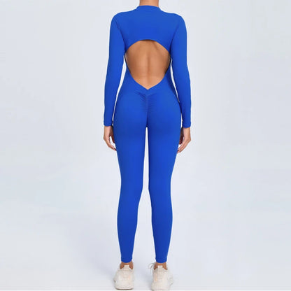 Hearuisavy Summer V Back Sports Jumpsuit Yoga Clothes Rompers Women Long Sleeveles Workout Bodysuits Backless One-piece Suit