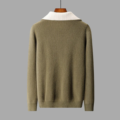 High Quality Men 100% Wool Sweater Turn Down Collar Zippers Pullover 2025 Autumn/Winter Thickened Soft Warm Knitwear Jumper Tops