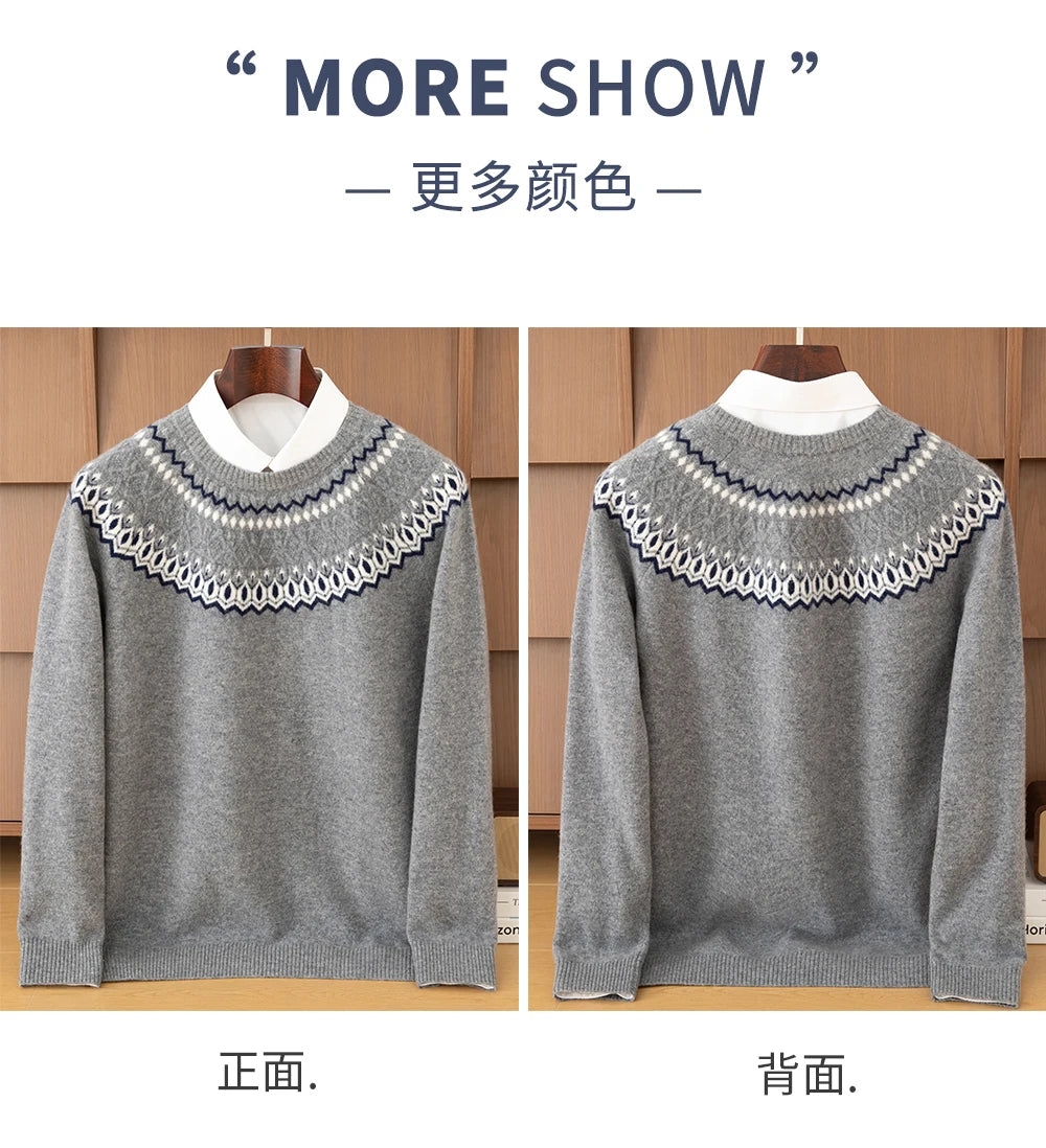 Autumn Winter 100%Wool Knit Pullover Men's O-Neck Color Block Sweater Jumper Fashion Thicken Loose Tops Clothing Warm Base Shirt