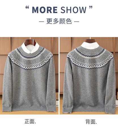 Autumn Winter 100%Wool Knit Pullover Men's O-Neck Color Block Sweater Jumper Fashion Thicken Loose Tops Clothing Warm Base Shirt