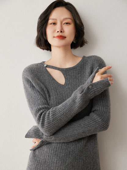 CHICUU Women's 100% Cashmere Knit Pullover Sweater Cut Out Collar Long Sleeve Pullover Autumn Winter Basic Cashmere Knitwear Top