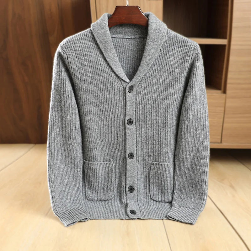 Men High Quality Polo Collar Cardigan Autumn Winter Thick Buttons 100% Merino Wool Sweater Smart Casual Coat Cashmere Knitwear
