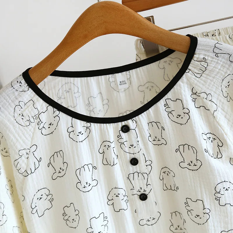 2026 New Spring and Autumn Women's Pajama Set 100% Cotton Crepe Cute Long sleeved Pants Two piece Printed Loose Home Fury