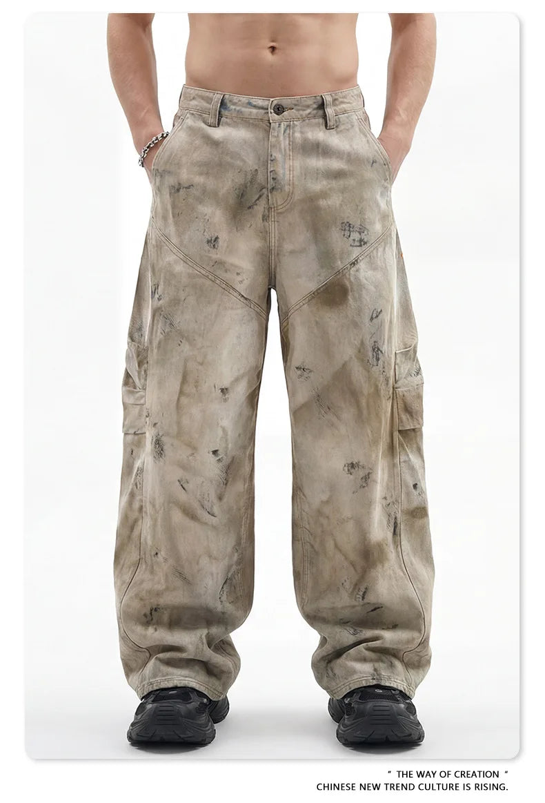 Custom LOGO men's 270G pure cotton high street retro casual pants scimitar denim texture mud yellow old loose wide-leg pants