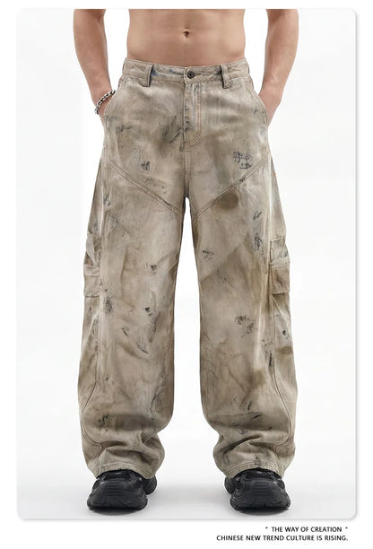 Custom LOGO men's 270G pure cotton high street retro casual pants scimitar denim texture mud yellow old loose wide-leg pants