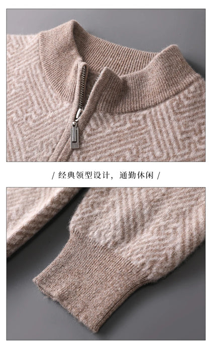 Men's 100% Merino Wool Jacquard Sweater Mock Collar Half Zip Thick Pullover Autumn Winter Cashmere Knitwear Long Sleeved Top