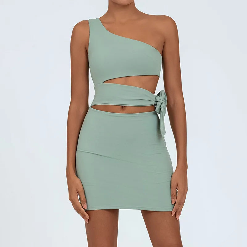 Tennis Dress Women Golf One Shoulder Hollow Out Bandage Slim Fit Fitness Tennis Short Skrit Badminton Dress One-Pieces Yoga Set