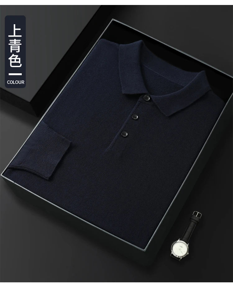 Men's Merino Wool Sweater Polo Collar Pullover Autumn Winter New Cashmere Knitwear Casual Loose Men's Shirts Tops Warm Soft