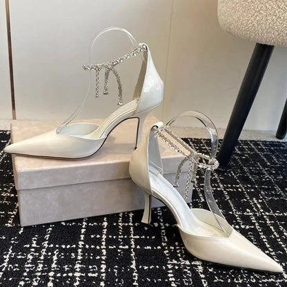 2025 Spring/Summer New Sexy and Versatile Hollow Pointed Shallow Mouth Fine Heel Chain Diamond High Heel Sandals for Women