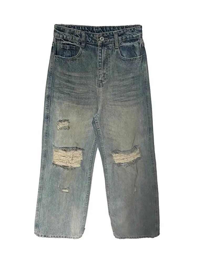 DEAT Fashion Destroyed Straight Leg Jeans Women's High Waist Light Blue Wide Leg Denim Pants Summer New 7A4549