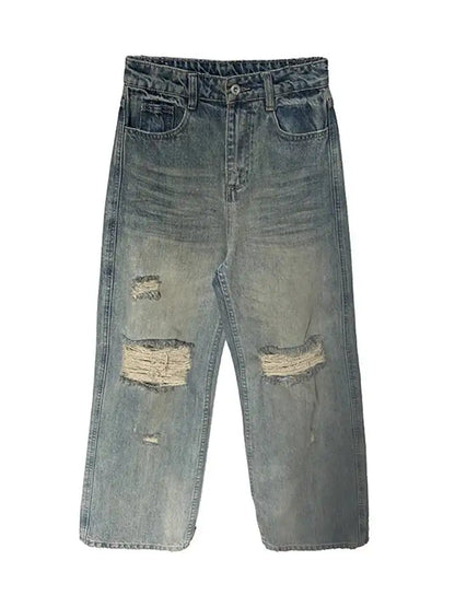 DEAT Fashion Destroyed Straight Leg Jeans Women's High Waist Light Blue Wide Leg Denim Pants Summer New 7A4549