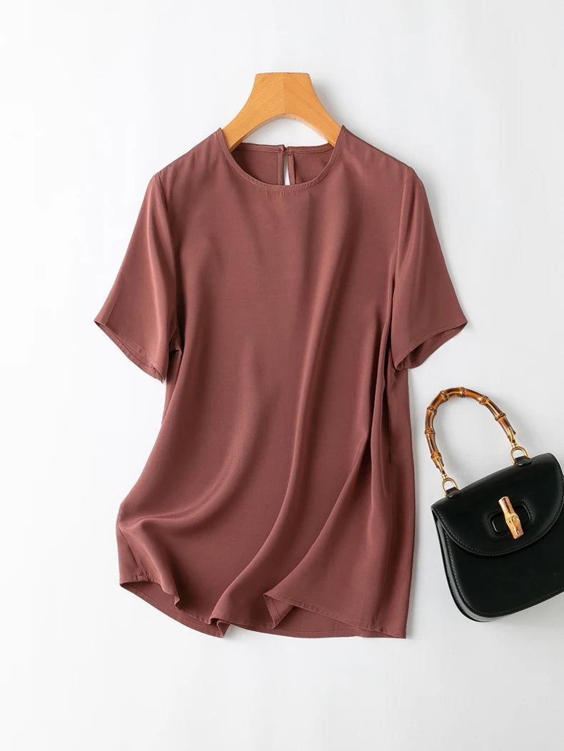 SuyaDream Women T Shirt 22mm Real Silk O Neck Short Sleeves Summer Tee 2025 New Chic Tops Pink Purple