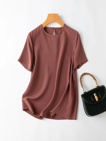 SuyaDream Women T Shirt 22mm Real Silk O Neck Short Sleeves Summer Tee 2025 New Chic Tops Pink Purple