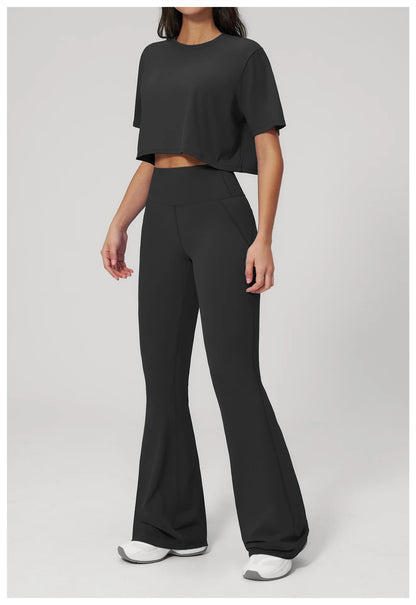 Women's Tracksuits 2PCS Yoga Outfits Gym Clothes Workout Set Sportswear Female Short Sleeve Sports Shirts Flared pants Yoga Suit