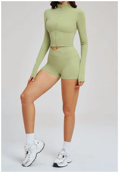 2PCS Yoga Suit Women's Tracksuit Gym Clothing Sportswear Female Workout Long Sleeve Sports Suit High Waist Cycling Shorts Set