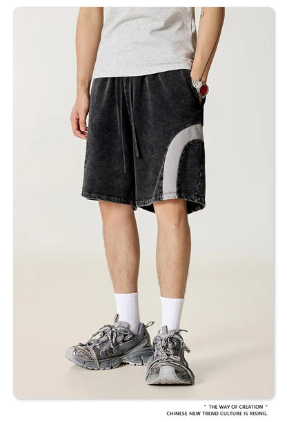 Customized LOGO men's summer European and American hip-hop style splicing contrasting shorts loose straight five-point pants
