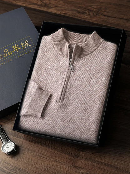 Men's 100% Merino Wool Jacquard Sweater Mock Collar Half Zip Thick Pullover Autumn Winter Cashmere Knitwear Long Sleeved Top
