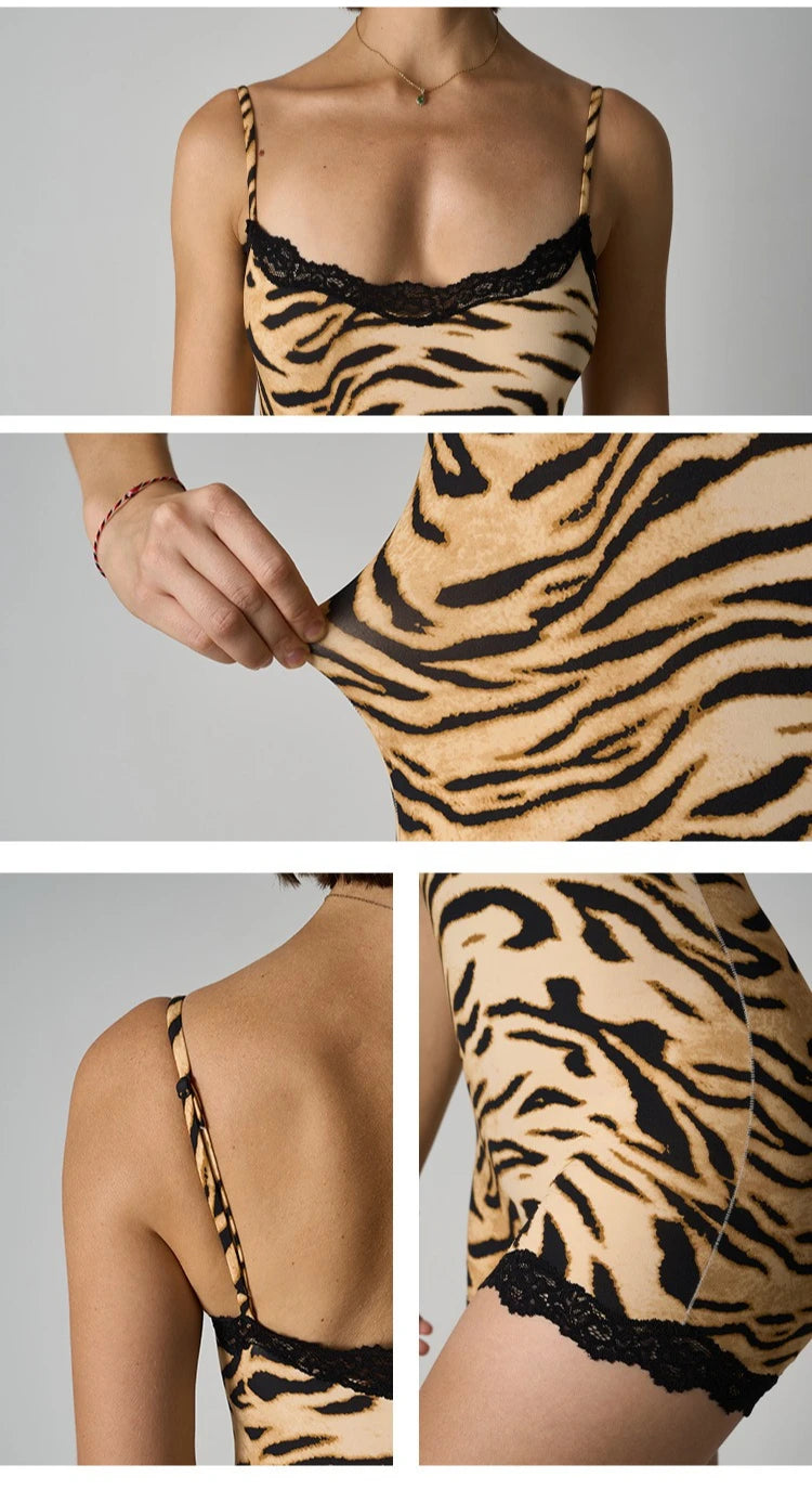 Custom LOGO women's European and American leopard print onesie lace suspender knitted boxer jumpsuit