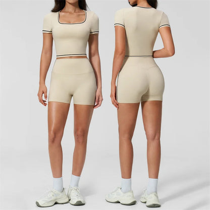 TRY TO BN 2 Pieces Women's Tracksuit Yoga Short Sleeves Top Sets High Waist Shorts Contrasting Color Running Fitness Gym Clothes