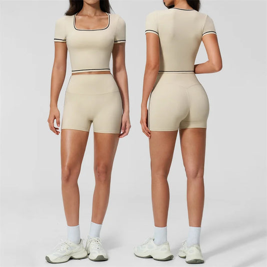 TRY TO BN 2 Pieces Women's Tracksuit Yoga Short Sleeves Top Sets High Waist Shorts Contrasting Color Running Fitness Gym Clothes