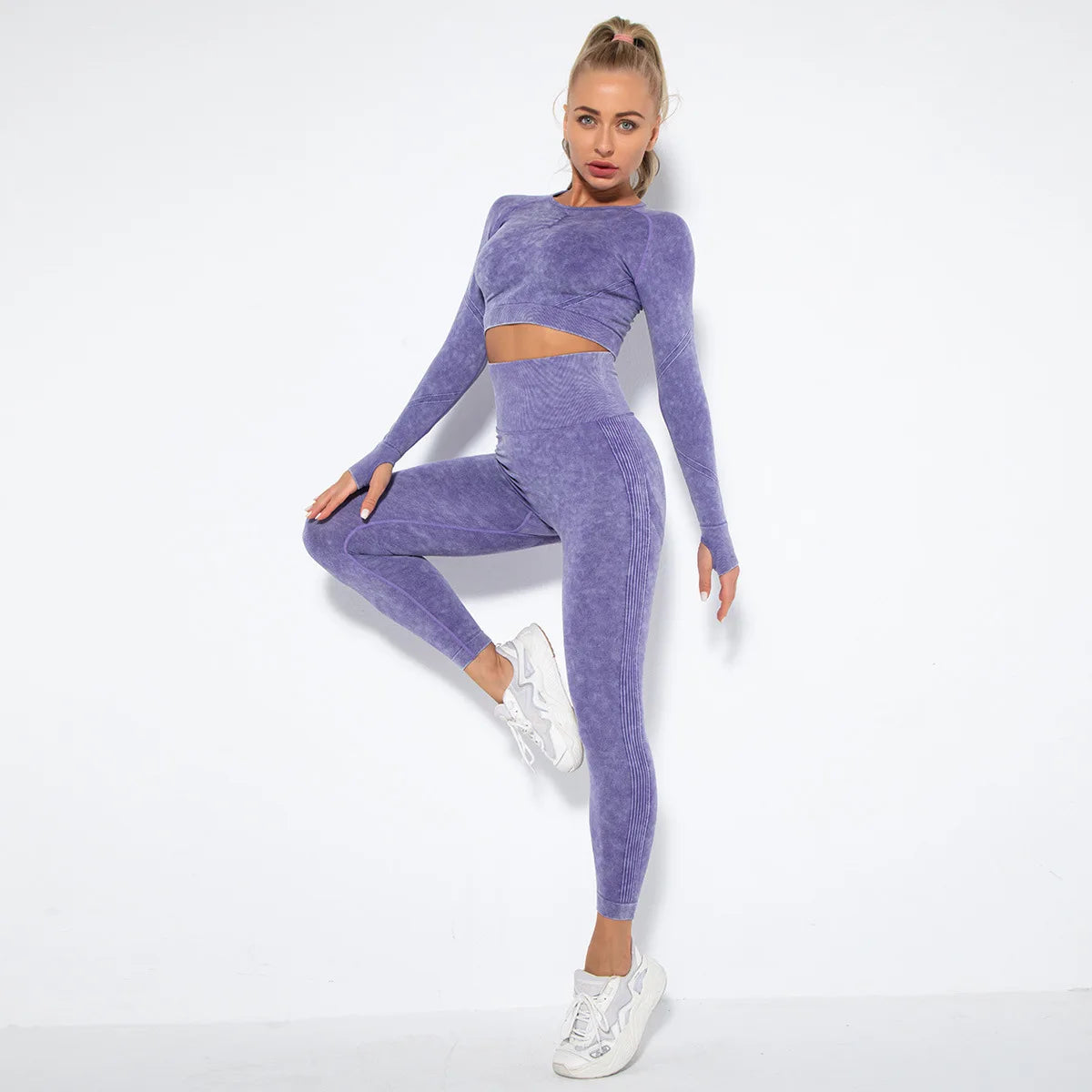 Women Seamless Tracksuit Yoga Set 2PCS Workout Clothes Athletic Wear Gym Legging Fitness Bra Crop Top Long Sleeve Sports Suits