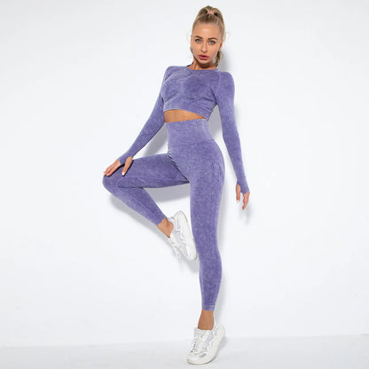Women Seamless Tracksuit Yoga Set 2PCS Workout Clothes Athletic Wear Gym Legging Fitness Bra Crop Top Long Sleeve Sports Suits