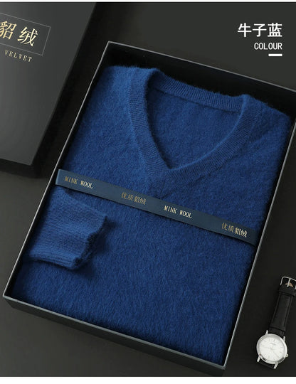 100% Pure Mink Cashmere Sweater Men's V-Neck Pullovers Knit Large Size Mink Sweater Winter New Long Sleeve High-End Jumpers Tops