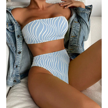 Sexy Wave Striped Bandeau High Waist Bikini Female Swimsuit Women Swimwear Two-pieces Bikini set Bather Bathing Suit Swim V5445